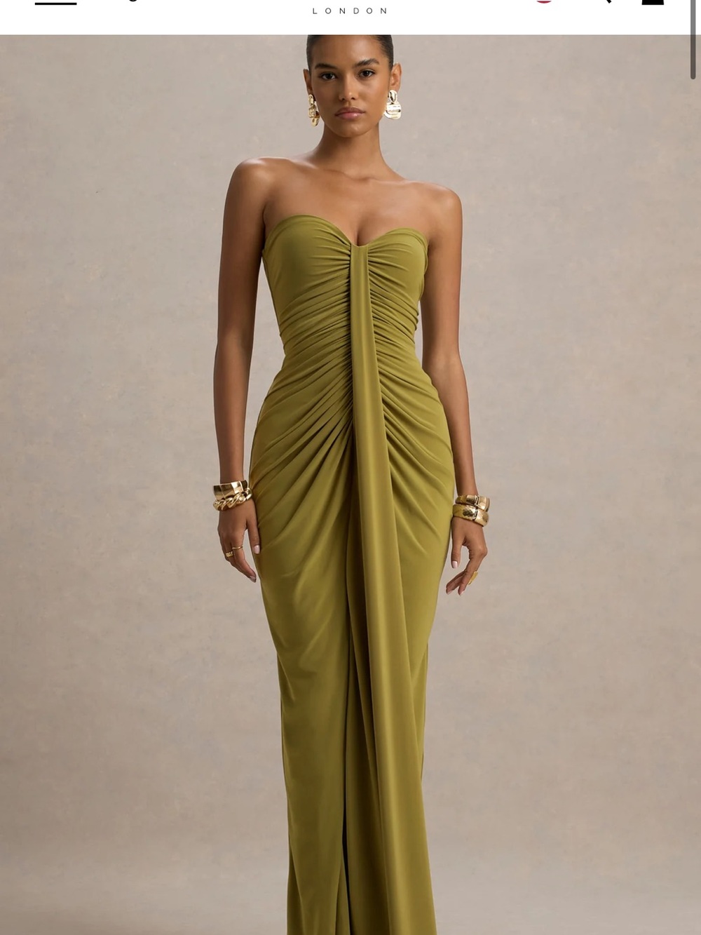Club L London Olive Green Strapless Ruched Column Gown